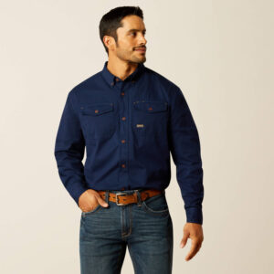 Ariat Mens Rebar Washed Twill Long Sleeved Shirt - Navy