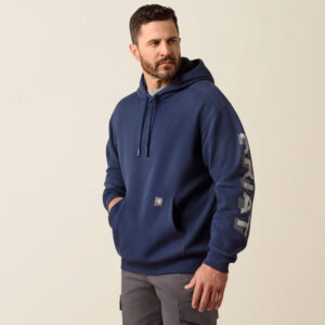 Ariat Mens Rebar Lightweight Logo Hoodie -Navy Heather/Alloy