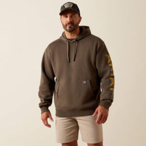 Ariat Mens Rebar Lightweight Logo Hoodie -Major Brown Heather|Wood Thrush