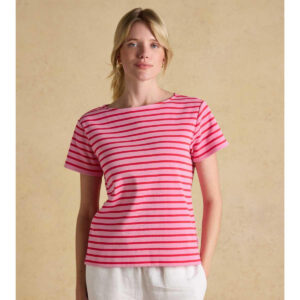 Joules Harbour Pink & Red Short Sleeve Striped Boat Neck Breton Top - Red & Pink