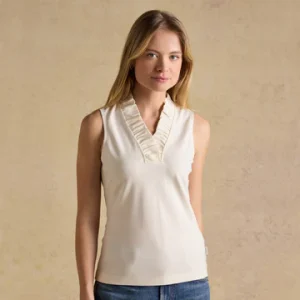 Joules Heidi Navy Sleeveless Frill Neck Jersey Top - Cream