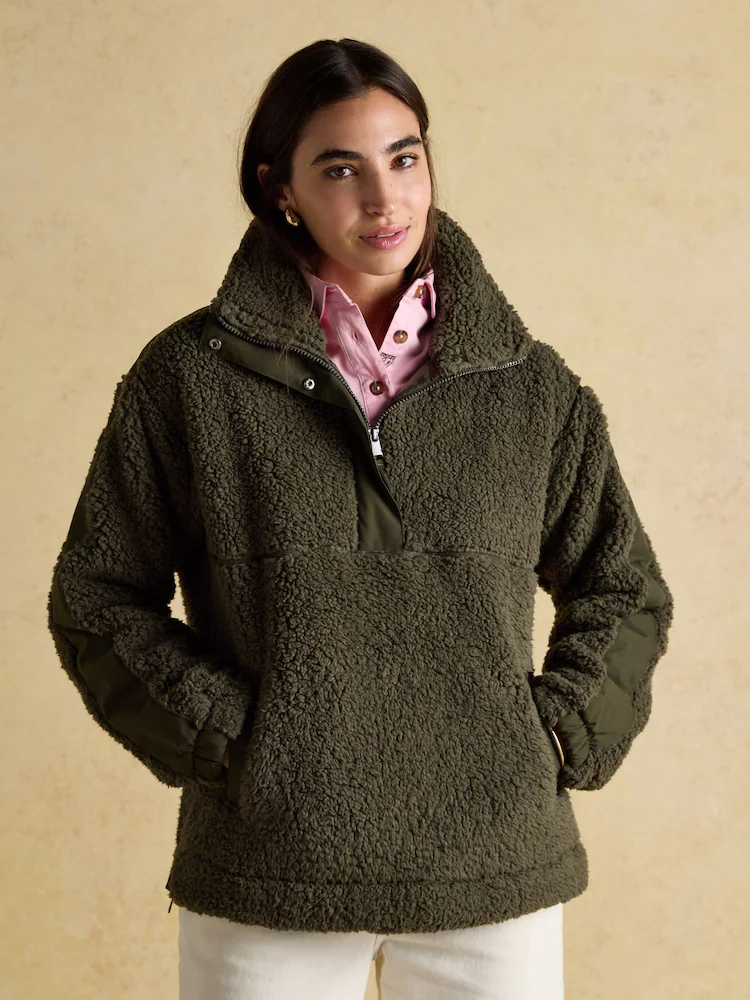 Joules Tilly Khaki Green Quarter Zip Borg Fleece