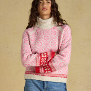 Joules Ladies Pink Patterned Knitted Jumper with Detachable Roll Neck