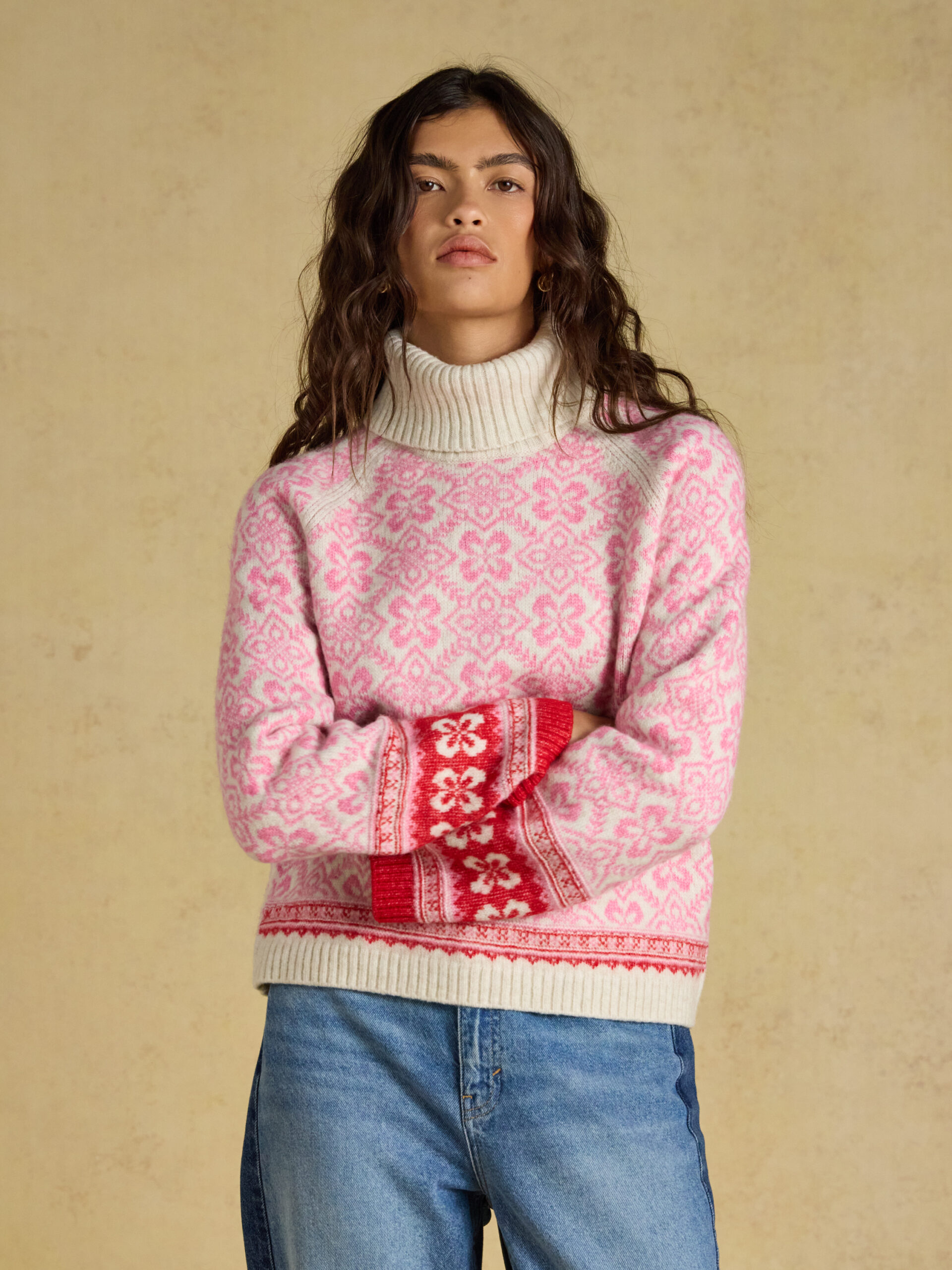 Joules Ladies Pink Patterned Knitted Jumper with Detachable Roll Neck