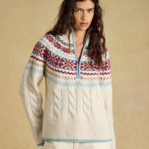 Joules Ladies Cream Cable Knit Fair Isle Half Zip Jumper