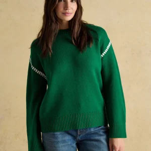 Joules Alexandra Green Blanket Stitch Jumper with Round Neck