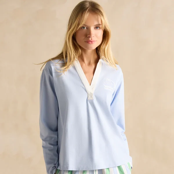 Joules Ladies Tallie Blue Long Sleeve Combed Cotton Collared Top