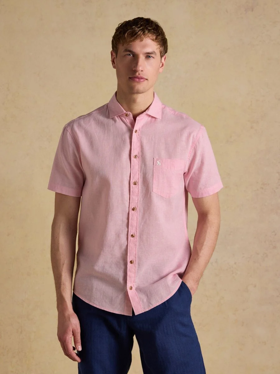 Joules Mens Pink Linen Blend Short Sleeve Shirt