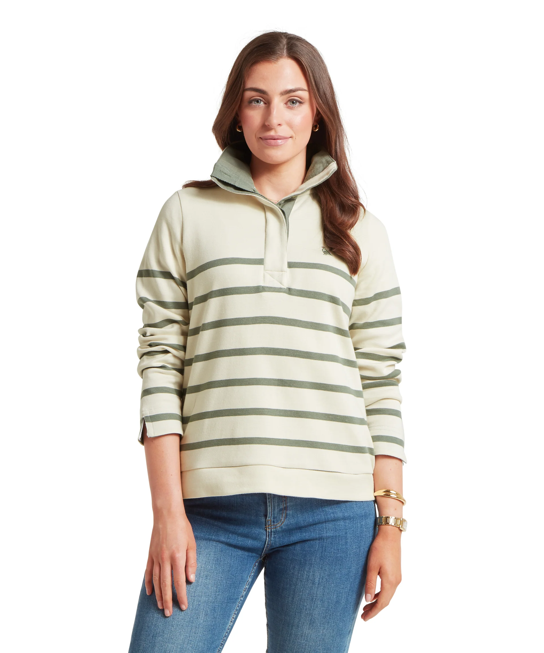 Schoffel Ladies Sandown Sweatshirt - Pale Stone/Agave Green Stripe